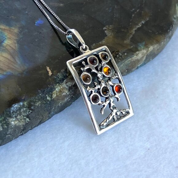 Sterling Silver 925 Multicolored Baltic Amber Tree Of Life Pendant Necklace 18" - Picture 6 of 16